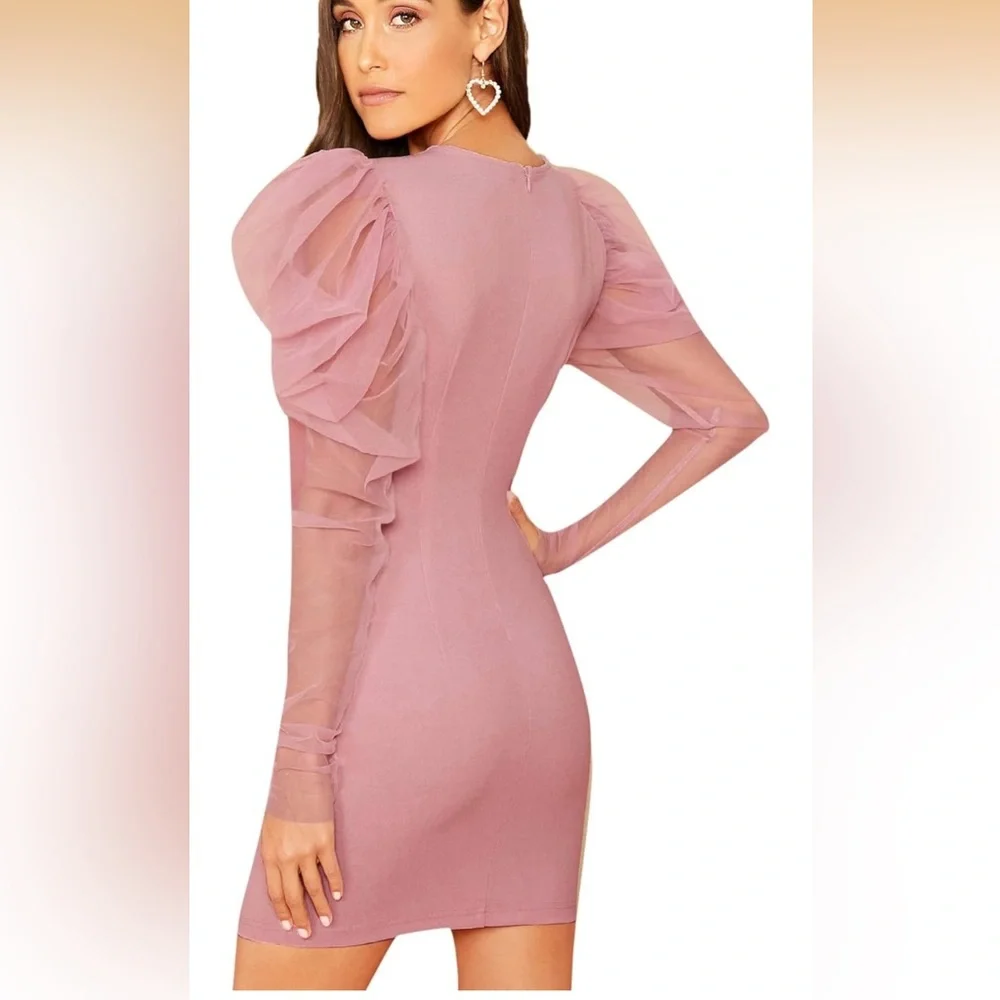 Women's Elegant Contrast Mesh Gigot Sleeve Bodycon Party Dress Pink Medium - Picture 4 of 10